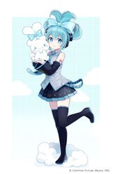  1girl aqua_bow aqua_hair aqua_nails aqua_necktie arm_tattoo black_footwear black_skirt black_sleeves black_thighhighs blue_bow bow chon_(chon33v) cinnamiku cinnamoroll clouds collared_shirt commentary_request creature detached_sleeves ear_bow english_text folded_twintails full_body fuwa_fuwa_cinnamoroll grey_shirt hair_bow hatsune_miku headphones headset highres holding holding_creature leg_up long_hair looking_at_viewer necktie number_tattoo one_eye_closed pleated_skirt sanrio shirt simple_background skirt sleeveless sleeveless_shirt smile solo sparkling_eyes standing standing_on_one_leg tattoo thigh-highs tied_ears twintails updo very_long_hair vocaloid 