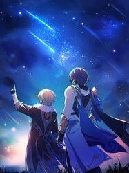  2boys absurdres aventurine_(honkai:_star_rail) blonde_hair dr._ratio_(honkai:_star_rail) earrings from_behind fur_scarf fuwafuwa_matcha highres honkai:_star_rail honkai_(series) jewelry landscape male_focus multiple_boys night night_sky pointing pointing_up purple_hair shooting_star short_hair sky star_(sky) starry_sky 