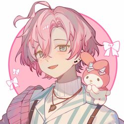  1boy ahoge bishounen curtained_hair dress_shirt fragaria_memories highres light_blush male_focus merold_(fragaria_memories) mole mole_under_eye my_melody on_shoulder onegai_my_melody overalls pink_hair sanrio shirt short_hair side_part sideways_glance solo striped_clothes striped_shirt sweater sweater_under_shirt tareme three_quarter_view turtleneck vertical-striped_clothes vertical-striped_shirt white_sweater yuumii_0120 