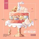  art_gallery barcode cake cake_slice clock flower food food_focus highres instagram_username moai museum no_humans orange_background original painting_(object) spin_mayumura stanchion statue twitter_username whipped_cream 