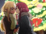  2girls black_coat blonde_hair blurry blurry_background breath brown_coat brown_scarf cellphone christmas christmas_tree closed_eyes coat commentary_request dark-skinned_female dark_skin earrings fang holding holding_phone hololive houshou_marine imminent_kiss jewelry long_hair multicolored_hair multiple_girls outdoors parted_lips phone pointy_ears red_eyes redhead scarf shiranui_flare skin_fang smartphone streaked_hair tsubudashi twitter_username upper_body virtual_youtuber white_hair white_scarf yuri 