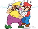  2boys angry artist_name blue_eyes blue_overalls brown_footwear brown_hair clenched_teeth collar_grab facial_hair fat from_side gloves green_footwear hat mario multiple_boys muscular muscular_male mustache overalls purple_overalls red_hat red_shirt shirt simple_background super_mario_bros. teeth wario white_background white_gloves ya_mari_6363 yellow_hat yellow_shirt 