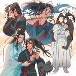  2boys artist_name black_footwear black_hair black_hanfu blush boots chinese_clothes clenched_teeth closed_mouth dizi dog dot_mouth english_commentary english_text flute full_body hair_ribbon hand_on_own_chin hanfu headband high_ponytail holding_another&#039;s_wrist instrument lan_wangji long_hair long_sleeves looking_at_another male_focus miyuli modao_zushi multicolored_eyes multiple_boys multiple_views pants playing_flute red_ribbon ribbon sash scared simple_background standing sweatdrop teeth thinking transverse_flute upper_body wei_wuxian white_footwear white_hanfu white_headband white_pants wide_sleeves wind wind_lift 