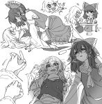  +++ 2girls :d ^^^ arm_grab ascot bare_shoulders bow commentary_request detached_sleeves face-to-face frilled_hair_tubes frills girl_on_top greyscale hair_bow hair_tubes hakurei_reimu highres holding_hands interlocked_fingers kirisame_marisa long_hair looking_at_another looking_at_viewer lying mero_(starfish_jcs) monochrome multiple_girls multiple_views nervous_sweating on_ground open_mouth simple_background skirt smile sweat touhou vest white_background wide_sleeves yuri 