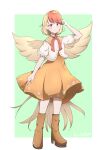  1girl absurdres bird bird_tail bird_wings blonde_hair boots chick dress feathered_wings full_body hand_up hashiro_fumi high_heel_boots high_heels highres looking_at_viewer multicolored_hair niwatari_kutaka red_eyes redhead short_hair short_sleeves smile solo tail touhou two-tone_hair wings 
