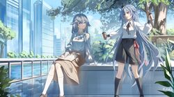  2girls absurdres alternate_costume black_shorts black_socks blue_eyes blue_sky breasts brown_skirt building clouds cloudy_sky drink fu_hua fu_hua_(herrscher_of_sentience) grey_hair highres holding holding_drink honkai_(series) honkai_impact_3rd long_hair looking_at_viewer lu_xiao multiple_girls outdoors plant red_eyes shorts skirt sky small_breasts socks thighs tree water white_socks 