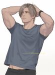  1boy arms_behind_head artist_name black_pants brown_hair closed_mouth facial_hair grey_shirt hands_in_own_hair leon_s._kennedy male_focus midriff_peek muscular muscular_male pants parted_bangs resident_evil resident_evil_4 resident_evil_4_(remake) sardine_(kjr0313) shirt short_sleeves solo stubble t-shirt upper_body watch watch white_background 
