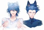  2boys absurdres alternate_costume animal_ears antinomy bad_id bad_lofter_id blue_hair blue_shirt bruno_(yu-gi-oh!) closed_eyes cropped_torso dog_ears grey_eyes hair_slicked_back hands_up happy highres kemonomimi_mode male_focus medium_hair multiple_boys naoki_(2rzmcaizerails6) open_mouth outstretched_hand reaching reaching_towards_viewer serious shirt short_hair smile spiky_hair turtleneck turtleneck_shirt upper_body white_background white_shirt wolf_ears yu-gi-oh! yu-gi-oh!_5d&#039;s 