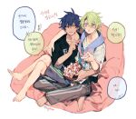  2boys black_pants black_shirt blue_hair crossed_legs ensemble_stars! food green_hair korean_text multiple_boys open_mouth pants popcorn sapphire_(nine) sazanami_jun shirt short_ponytail simple_background sitting sitting_on_lap sitting_on_person speech_bubble tomoe_hiyori towel towel_around_neck translation_request violet_eyes white_background white_shirt yellow_eyes 