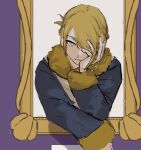  1boy blonde_hair closed_mouth frown fur-trimmed_sleeves fur_collar fur_trim ginkgo_guild_uniform hair_over_one_eye hand_on_own_face hand_up highres long_sleeves looking_at_viewer no_headwear noi_(noi_pk27) pokemon pokemon_legends:_arceus short_hair solo volo_(pokemon) white_eyes 