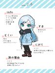  1girl black_pantyhose blue_coat blue_eyes blue_hair boots brown_footwear chon_chiyon closed_mouth coat copyright_request earrings full_body hands_in_pockets highres jewelry long_hair looking_at_viewer pantyhose solo translation_request twitter_username very_long_hair 