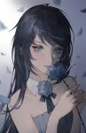  1girl ado_(utaite) bare_shoulders black_bow black_bowtie black_hair blue_dress blue_flower blue_rose bow bowtie character_request check_character closed_mouth copyright_request crossed_bangs detached_collar dress flower grey_eyes hands_up highres holding holding_flower lips long_hair looking_at_viewer mole mole_under_eye petals portrait rose slit_pupils solo strapless strapless_dress sumi_(suumiko_) swept_bangs 