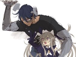  1boy 1girl black_shirt blue_hair brown_hair commentary_request cross-shaped_pupils dark-skinned_male dark_skin denim half-closed_eyes hand_on_another's_chest height_difference highres hijirime_laeria ikuhana_niiro indie_virtual_youtuber jeans juliet_sleeves long_hair long_sleeves looking_at_another looking_up mechanical_arms mouth_hold muscular muscular_male nail object_through_head open_mouth pants puffy_sleeves pushing rainbrain_(vtuber) sanpaku screw_in_head shirt short_hair short_sleeves sidelocks simple_background stitched_face stitches symbol-shaped_pupils t-shirt tall teeth two_side_up upper_teeth_only violet_eyes white_background 