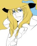  1boy blonde_hair blue_eyes cavendish coat collar drill_hair eyelashes frilled_coat frilled_collar frills hair_between_eyes hat hat_feather highres long_hair looking_at_viewer male_focus one_piece ppyobong11 smile solo upper_body yellow_background 