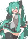  1girl absurdres aqua_hair aqua_necktie armpit_crease arms_behind_head arms_up black_thighhighs blush breasts center-flap_bangs closed_eyes commentary detached_sleeves feet_out_of_frame flying_sweatdrops full-face_blush grey_shirt hair_between_eyes hair_intakes hatsune_miku highres long_hair medium_breasts necktie no_nose open_mouth shiny_skin shirt solo tearing_up thick_thighs thigh-highs thighs tongue twintails uruti_2388 very_long_hair vocaloid white_background zettai_ryouiki 