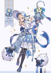  1boy 2024 aruk bell black_thighhighs blonde_hair blue_bow blue_eyes blue_footwear blue_ribbon bow button_eyes buttons christmas dress flower frilled_dress frilled_sleeves frills hat highres open_mouth original ribbon sheep shoes staff star_(symbol) thigh-highs white_dress 