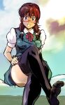  1girl brown_eyes brown_hair commentary_request crossed_legs day freckled_girl_(kamisimo_90) freckles glasses kamisimo_90 long_hair looking_at_viewer original pleated_skirt school_uniform shirt simple_background sitting skirt sky thigh-highs twintails vest 