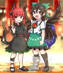  2girls :d animal_ears asymmetrical_footwear black_dress black_footwear black_hair black_socks black_wings bow braid cape cat_ears cat_girl cat_tail closed_mouth commentary dress extra_ears full_body green_bow green_skirt hair_bow highres kaenbyou_rin kappy745 long_hair mismatched_footwear multiple_girls multiple_tails nekomata open_mouth red_eyes redhead reiuji_utsuho short_sleeves side_braids skirt smile socks standing tail third_eye touhou twin_braids two_tails w white_cape wings 