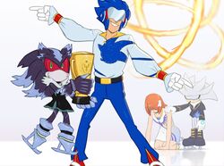  1girl 3boys alternate_costume closed_eyes colored_sclera cosplay feather_hair_ornament feathers fire gloves green_eyes hair_ornament holding holding_trophy ice_skates joeadok kneeling mephiles_the_dark multiple_boys princess_elise_the_third red_sclera redhead shaded_face short_hair silver_the_hedgehog skates smile sonic_(series) sonic_man sonic_the_hedgehog sonic_the_hedgehog_(2006) sonic_the_hedgehog_(cosplay) teeth trophy white_gloves 