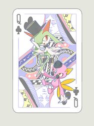  alternate_color black_bow black_hat bow bowtie card club_(shape) colored_skin green_hair green_skin hair_over_one_eye hat highres horns kirlia multicolored_skin mxlaghrsuk33yws pink_eyes pink_fur playing_card pokemon pokemon_(creature) queen_(playing_card) queen_of_clubs shiny_pokemon sidelocks sneasel two-tone_skin white_skin 