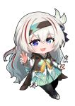  1girl :d absurdres aepuru_arts black_pantyhose chibi commentary english_commentary firefly_(honkai:_star_rail) full_body green_skirt grey_hair hair_between_eyes hairband heterochromia highres honkai:_star_rail honkai_(series) long_hair long_sleeves looking_at_viewer multicolored_hair pantyhose sidelocks simple_background skirt smile solo streaked_hair symbol-only_commentary two-tone_hair violet_eyes waving white_background 