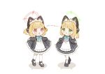  2girls animal_ear_headphones animal_ears apron black_dress black_footwear blonde_hair blue_archive blush dress fake_animal_ears frilled_apron frills full_body green_eyes green_halo halo headphones highres long_sleeves maid maid_apron maid_headdress midori_(blue_archive) midori_(maid)_(blue_archive) momoi_(blue_archive) momoi_(maid)_(blue_archive) multiple_girls ochamaru official_alternate_costume open_mouth pantyhose pink_halo red_eyes shoes short_hair siblings simple_background sisters smile twins white_apron white_background white_pantyhose 