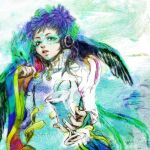  1other androgynous blue_eyes cotori_(globule) facepaint facial_mark feathers forehead_mark gnosia green_eyes green_hair headphones long_hair long_sleeves looking_at_viewer makeup multicolored_hair other_focus raqio short_hair solo tattoo upper_body 
