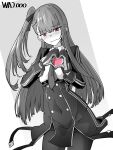  1girl absurdres blush braid character_name cowboy_shot embarrassed french_braid girls_frontline greyscale hair_ribbon heart heart_hands highres long_hair looking_at_viewer minami_shin_(zenshuu_bougyo) monochrome necktie one_side_up pantyhose red_eyes ribbon simple_background solo spot_color wa2000_(girls&#039;_frontline) wavy_mouth 