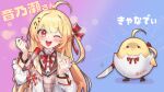  1girl ahoge bird blonde_hair blush_stickers bow bowtie chick eggshell hair_ornament highres holding holding_knife hololive hololive_dev_is jacket knife long_hair microphone microphone_stand musical_note musical_note_hair_ornament one_eye_closed otonose_kanade phantom_ix_row red_bow red_bowtie red_eyes virtual_youtuber white_jacket 