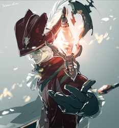  1boy black_gloves elbow_gloves final_fantasy final_fantasy_xiv floating floating_object gloves hat hat_feather highres looking_at_viewer male_focus red_hat red_mage_(final_fantasy) shirt solo white_shirt x'rhun_tia yabuka_shiwa 