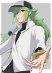  1boy bangle black_hat border bracelet collared_shirt commentary_request crossed_bangs green_eyes green_hair grey_background hair_between_eyes hat highres jewelry long_hair male_focus mocollie n_(pokemon) necklace parted_lips pokemon pokemon_bw shirt smile solo undershirt upper_body white_border white_shirt 