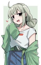  1girl :d ahoge aoki_shizumi araga_kiwi belt blue_skirt blush border brown_eyes collarbone cowboy_shot double_bun empty_eyes green_belt green_hair green_jacket hair_bun heart highres jacket looking_at_viewer mahou_shoujo_ni_akogarete mole mole_under_eye off_shoulder open_clothes open_jacket open_mouth shirt sidelocks skirt sleeves_past_fingers sleeves_past_wrists smile solo standing t-shirt very_long_sleeves very_low_bun white_border white_shirt 