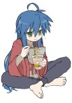  ._. 1girl ahoge animal_ears barefoot black_pants blue_hair cat_ears chewing eating feet full_body green_eyes highres indian_style izumi_konata jitome long_hair long_sleeves looking_to_the_side lucky_star motion_lines pajamas pants raised_eyebrows ramen red_robe robe saliva sidelocks simple_background sitting solo sweatpants very_long_hair wavy_mouth white_background wide_sleeves yoyohachi 