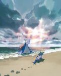  animal_focus aruco_co beach blue_skin clouds cloudy_sky colored_skin forked_tail highres horizon horns lapras no_humans outdoors pokemon pokemon_(creature) sand shell single_horn sky sunlight tail vaporeon 