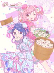  2girls ;d arm_up back-to-back baegopungom bamboo_steamer baozi blue_dress blue_eyes blue_hair bun_cover chinese_clothes commentary_request double_bun dress dumpling flower food frilled_dress frills hair_bun hair_ribbon highres holding holding_plate jiaozi korean_commentary looking_at_viewer mouth_hold multiple_girls one_eye_closed open_mouth outstretched_arm pink_dress pink_flower pink_hair pink_ribbon plate pretty_rhythm pretty_rhythm_rainbow_live pretty_series ribbon rinne_(pretty_rhythm) short_hair short_sleeves smile standing tassel yellow_eyes 