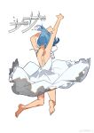  1girl absurdres alternate_costume arm_above_head arm_up bare_arms bare_back bare_legs bare_shoulders barefoot blue_hair character_name chinese_commentary circle_skirt commentary_request dress floating_hair frilled_dress frills from_behind full_body highres mahou_shoujo_madoka_magica mahou_shoujo_madoka_magica_(anime) miki_sayaka ouge_dz ribbon short_hair simple_background sleeveless sleeveless_dress solo spaghetti_strap sundress toes weibo_watermark white_background white_dress white_ribbon 