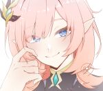  1girl absurdres blue_eyes closed_mouth commentary_request elysia_(honkai_impact) eyes_visible_through_hair hair_over_one_eye hand_up highres honkai_(series) honkai_impact_3rd megu_(junso_ko) pink_hair pointy_ears portrait signature simple_background smile solo white_background 