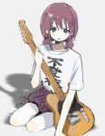  1girl blue_eyes blush commentary electric_guitar girls_band_cry guitar hair_ornament hairclip highres holding holding_guitar holding_instrument instrument iseri_nina looking_at_viewer parted_lips plaid plaid_skirt purple_hair purple_skirt shadow shirt short_sleeves short_twintails simple_background sitting skirt solo twintails white_background white_shirt yurisaki929 