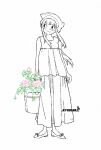  1girl arms_at_sides artist_name blunt_bangs blush bucket closed_mouth dress flower hat head_tilt highres holding holding_bucket lineart long_dress long_hair looking_to_the_side monochrome original pink_flower plant potted_plant ryuular shoes sidelocks sideways_glance simple_background sleeveless sleeveless_dress smile solo spot_color unfinished watermark white_background 