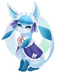  blue_eyes blue_fur blush clothed_pokemon fluffy_hinu glaceon glaceon_(tea_party) highres maid_headdress neck_ribbon no_humans official_alternate_costume pokemon pokemon_(creature) pokemon_unite red_ribbon ribbon solo two-tone_fur 