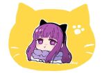  1girl :t animal_ears animal_print cat_ears cat_print chibi cropped_torso fake_animal_ears fern_(sousou_no_frieren) hairband half_updo long_hair long_sleeves looking_at_viewer okas paw_print pout purple_hair scarf solo sousou_no_frieren violet_eyes white_background winter_clothes yellow_background 