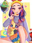  1girl black_hair border bottle carmine_(pokemon) chips_(food) cola commentary_request dudunsparce eating eyelashes floating food grey_sweater grid_background hairband heart highres long_hair morpeko multicolored_hair nfvw2evamr86075 open_mouth outside_border pokemon pokemon_(creature) pokemon_sv potato_chips redhead simple_background sinistcha sitting sweater two-tone_hair white_border yellow_background yellow_eyes yellow_hairband 