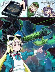  3girls @_@ apron araga_kiwi beret blonde_hair bow cross cross_facial_mark cross_pasties david_hrusa dress english_commentary english_text facial_mark forehead_tattoo forward_facing_horns green_dress green_hat hair_bow hat highres hiiragi_utena large_ribbon leoparde_(mahou_shoujo_ni_akogarete) light_brown_hair long_hair magia_baiser mahou_shoujo_ni_akogarete morino_korisu multiple_girls necron nero_alice pasties pointing purple_hair red_eyes robot sidelocks speech_bubble warhammer_40k white_apron white_bow yellow_eyes 