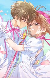  1boy 1girl brown_eyes brown_hair cardcaptor_sakura dress eye_contact gloves green_eyes highres holding_hands kinomoto_sakura li_syaoran looking_at_another morita_rina petals smile suit upper_body white_dress white_gloves white_suit 