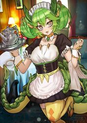  1girl :3 absurdres adeshi_(adeshi0693119) black_dress corset detached_collar dragon_girl dragon_horns dragon_tail dress duel_monster green_hair hair_rings highres horns kettle looking_at_viewer maid maid_headdress parlor_dragonmaid photo_background ringed_eyes solo standing standing_on_one_leg tail thigh-highs twintails yu-gi-oh! 