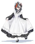  1girl absurdres ahoge alternate_costume apron ascot black_choker black_dress black_footwear black_hair blush choker commentary_request dress enmaided full_body hair_between_eyes hat highres horns kijin_seija long_hair long_sleeves looking_at_viewer maid maid_apron mary_janes mob_cap multicolored_hair nanashi_nasi parted_lips red_eyes redhead shoes simple_background skirt_hold socks solo standing standing_on_one_leg streaked_hair touhou white_apron white_ascot white_background white_hair white_socks 