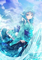  1girl blue_eyes blue_hair blue_theme blush clouds commentary_request day duplicate fins frilled_kimono frills head_fins highres hydrokinesis japanese_clothes kimono long_sleeves mermaid monster_girl obi sash satomi_(black_scarecrow) short_hair sky solo touhou wakasagihime water wide_sleeves 