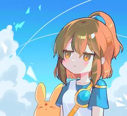  1girl absurdres animal arle_nadja arms_at_sides blue_shirt blue_sky blush brown_eyes brown_hair carbuncle_(puyopuyo) closed_mouth clouds cloudy_sky collarbone day frown hair_between_eyes half_updo high_ponytail highres layered_shirt looking_to_the_side offbeat outdoors puyopuyo shirt short_ponytail short_sleeves sidelocks sky sleeveless sleeveless_shirt solo upper_body white_shirt 