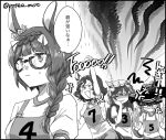  4girls alternate_costume anger_vein animal_ears arm_up aura blush fang glasses hair_ornament hat horse_ears horse_girl long_hair medium_hair monochrome multiple_girls poteo_(poteo_mot) shaded_face still_in_love_(umamusume) sweep_tosho_(umamusume) tap_dance_city_(umamusume) translation_request twintails umamusume veil witch_hat zenno_rob_roy_(umamusume) 