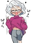  1girl :d blush capri_pants closed_eyes eisu-chan_(eisu) eisu_(eith) glasses heart highres hopping jumping midriff_peek navel original pants short_hair simple_background smile sweater turtleneck turtleneck_sweater white_background white_hair 